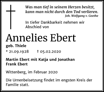 Traueranzeige von Annelies Ebert von Super Sonntag Wittenberg