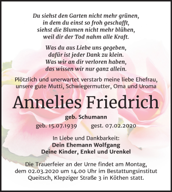 Traueranzeige von Annelies Friedrich von Super Sonntag Köthen