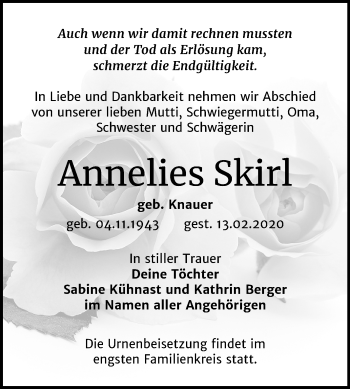 Traueranzeige von Annelies Skirl von Mitteldeutsche Zeitung Wittenberg