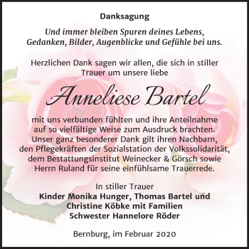 Traueranzeige von Anneliese Bartel von Mitteldeutsche Zeitung Bernburg