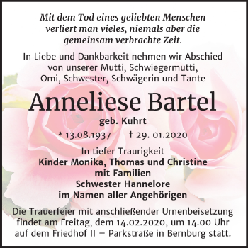 Traueranzeige von Anneliese Bartel von Super Sonntag Bernburg