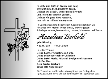 Traueranzeige von Anneliese Berhold von Super Sonntag Weißenfels
