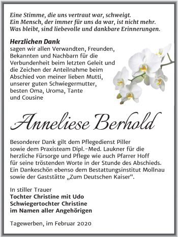 Traueranzeige von Anneliese Berhold von Mitteldeutsche Zeitung Weißenfels