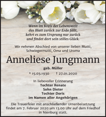 Traueranzeige von Anneliese Jungmann von Super Sonntag Bernburg