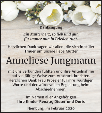 Traueranzeige von Anneliese Jungmann von Super Sonntag Bernburg