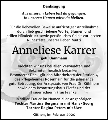 Traueranzeige von Anneliese Karrer von Super Sonntag Köthen