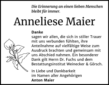Traueranzeige von Anneliese Maier von Mitteldeutsche Zeitung Bernburg