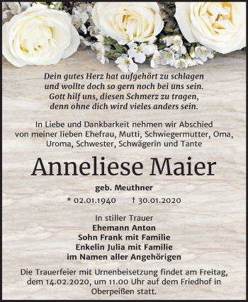 Traueranzeige von Anneliese Maier von Mitteldeutsche Zeitung Bernburg