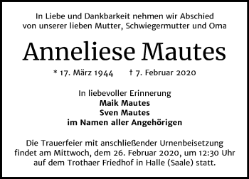 Traueranzeige von Anneliese Mautes von Mitteldeutsche Zeitung Halle/Saalkreis