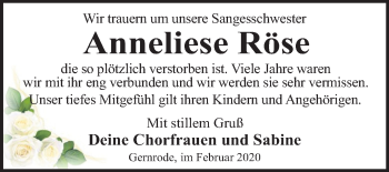Traueranzeige von Anneliese Röse von Super Sonntag Quedlinburg