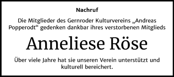 Traueranzeige von Anneliese Röse von Mitteldeutsche Zeitung Quedlinburg