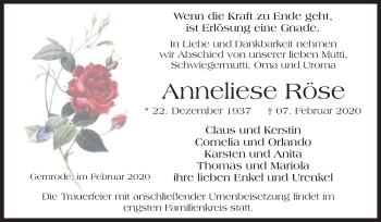 Traueranzeige von Anneliese Röse von Super Sonntag Quedlinburg