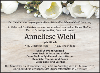 Traueranzeige von Anneliese Wiehl von Super Sonntag Zeitz