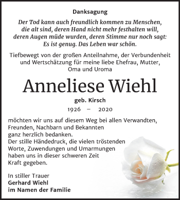 Traueranzeige von Anneliese Wiehl von Super Sonntag Zeitz