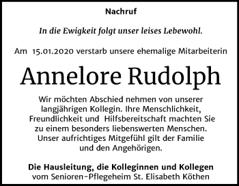 Traueranzeige von Annelore Rudolph von Mitteldeutsche Zeitung Köthen