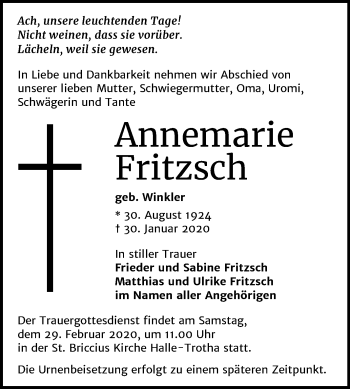 Traueranzeige von Annemarie Fritzsch von Mitteldeutsche Zeitung Halle/Saalkreis