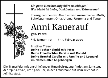 Traueranzeige von Anni Kauerauf von Wochenspiegel Bitterfeld