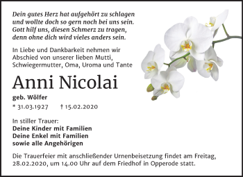 Traueranzeige von Anni Nicolai von Mitteldeutsche Zeitung Quedlinburg