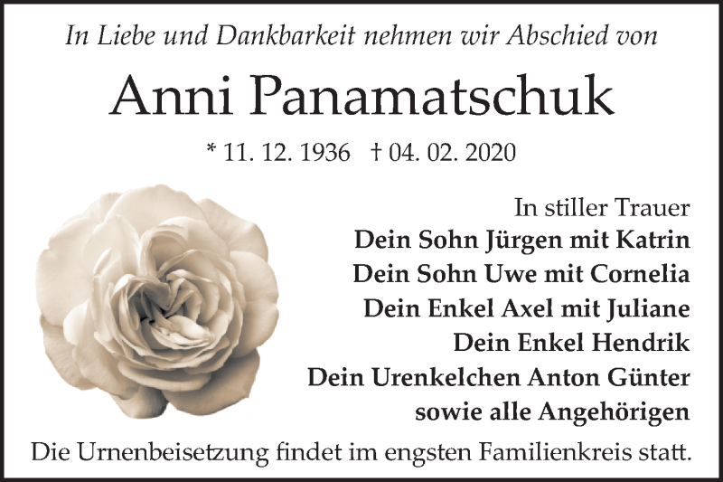  Traueranzeige für Anni Panamatschuk vom 12.02.2020 aus Wochenspiegel Bitterfeld