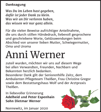 Traueranzeige von Anni Werner von Super Sonntag Zeitz