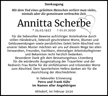 Traueranzeige von Annitta Scherbe von Mitteldeutsche Zeitung Mansfelder Land
