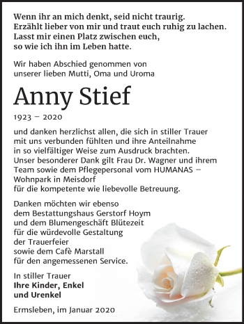 Traueranzeige von Anny Stief von Super Sonntag Quedlinburg