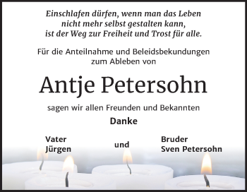 Traueranzeige von Antje Petersohn von Mitteldeutsche Zeitung Bernburg