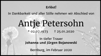 Traueranzeige von Antje Petersohn von Mitteldeutsche Zeitung Bernburg