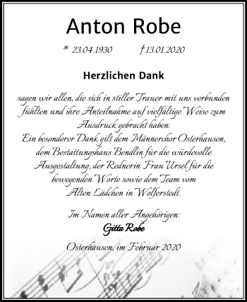 Traueranzeige von Anton Robe von Mitteldeutsche Zeitung Mansfelder Land