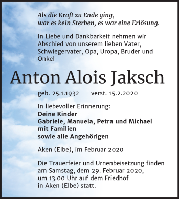 Traueranzeige von Anton Alois Jaksch von Mitteldeutsche Zeitung Köthen