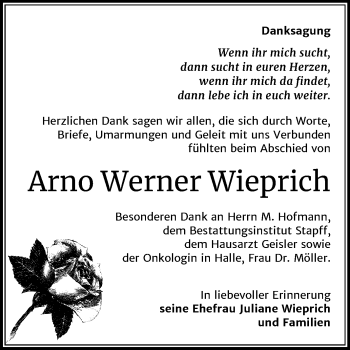 Traueranzeige von Arno Werner Wieprich von Mitteldeutsche Zeitung Mansfelder Land