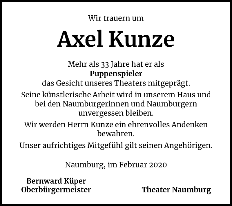  Traueranzeige für Axel Kunze vom 08.02.2020 aus Mitteldeutsche Zeitung Naumburg/Nebra