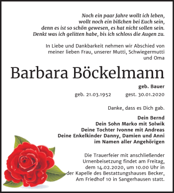 Traueranzeige von Barbara Böckelmann von Mitteldeutsche Zeitung Sangerhausen