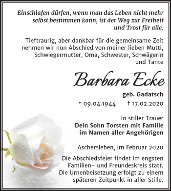 Traueranzeige von Barbara Ecke von Mitteldeutsche Zeitung Aschersleben