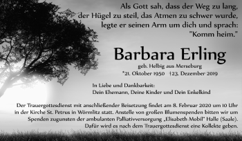 Traueranzeige von Barbara Erling von Mitteldeutsche Zeitung Halle/Saalkreis
