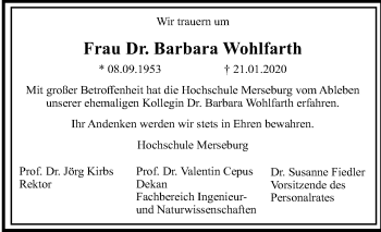 Traueranzeige von Barbara Wohlfarth von Mitteldeutsche Zeitung Halle/Saalkreis