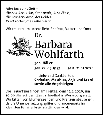 Traueranzeige von Barbara Wohlfarth von Super Sonntag Merseburg/Querfurt