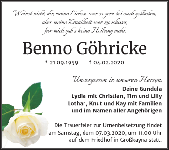 Traueranzeige von Benno Göhricke von Super Sonntag Merseburg/Querfurt