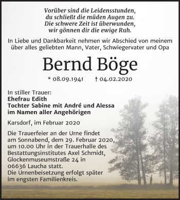 Traueranzeige von Bernd Böge von Wochenspiegel Naumburg/Nebra