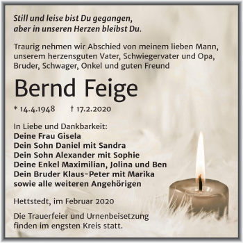 Traueranzeige von Bernd Feige von Wochenspiegel Mansfelder Land