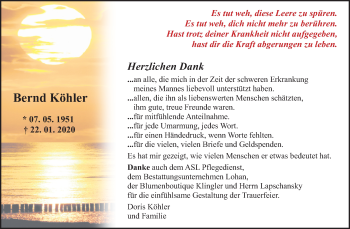 Traueranzeige von Bernd Köhler von Wochenspiegel Bitterfeld