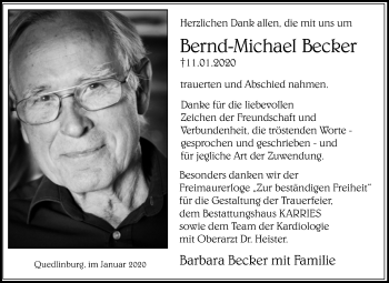 Traueranzeige von Bernd-Michael Becker von Mitteldeutsche Zeitung Quedlinburg