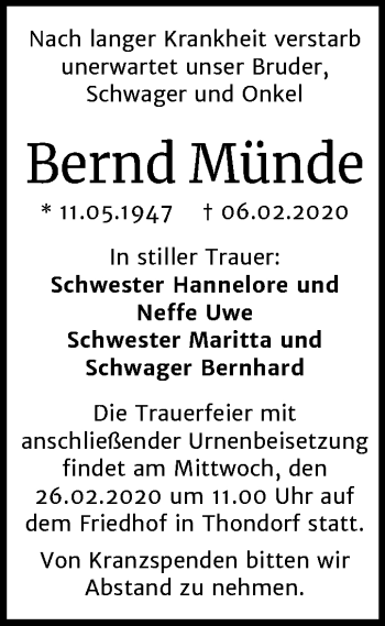 Traueranzeige von Bernd Münde von Mitteldeutsche Zeitung Mansfelder Land