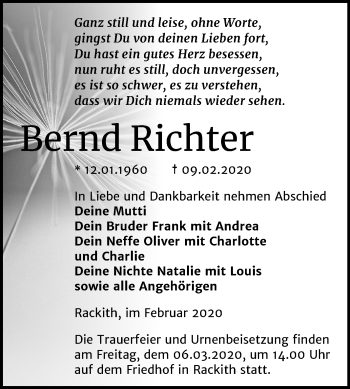 Traueranzeige von Bernd Richter von Super Sonntag Wittenberg
