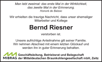 Traueranzeige von Bernd Riesner von Mitteldeutsche Zeitung Weißenfels