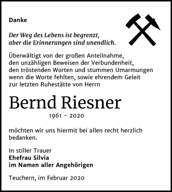 Traueranzeige von Bernd Riesner von Wochenspiegel Weißenfels