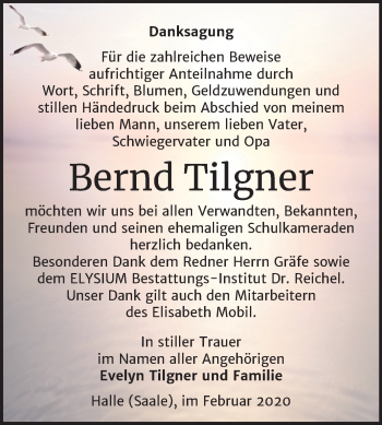 Traueranzeige von Bernd Tilgner von Mitteldeutsche Zeitung Halle/Saalkreis