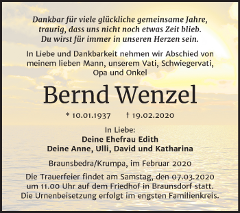 Traueranzeige von Bernd Wenzel von Mitteldeutsche Zeitung Merseburg/Querfurt