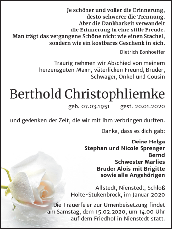 Traueranzeige von Berthold Christophliemke von Super Sonntag Sangerhausen
