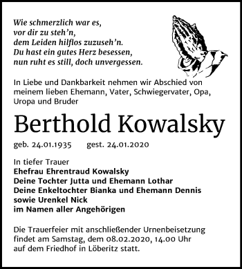 Traueranzeige von Berthold Kowalsky von Mitteldeutsche Zeitung Bitterfeld